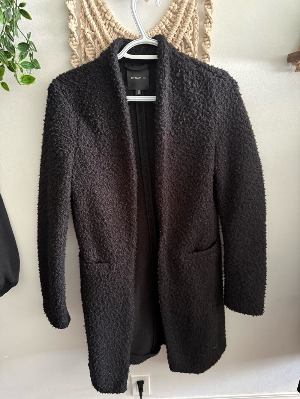 Dynamite Black Textured Bouclé Open Front Coat